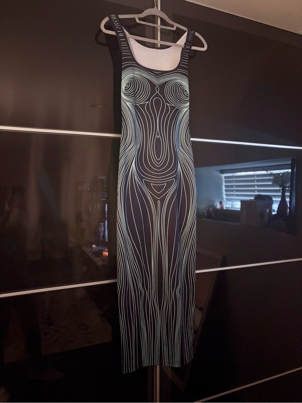 Sleeveless Black Midi Dress with Aqua Line Art